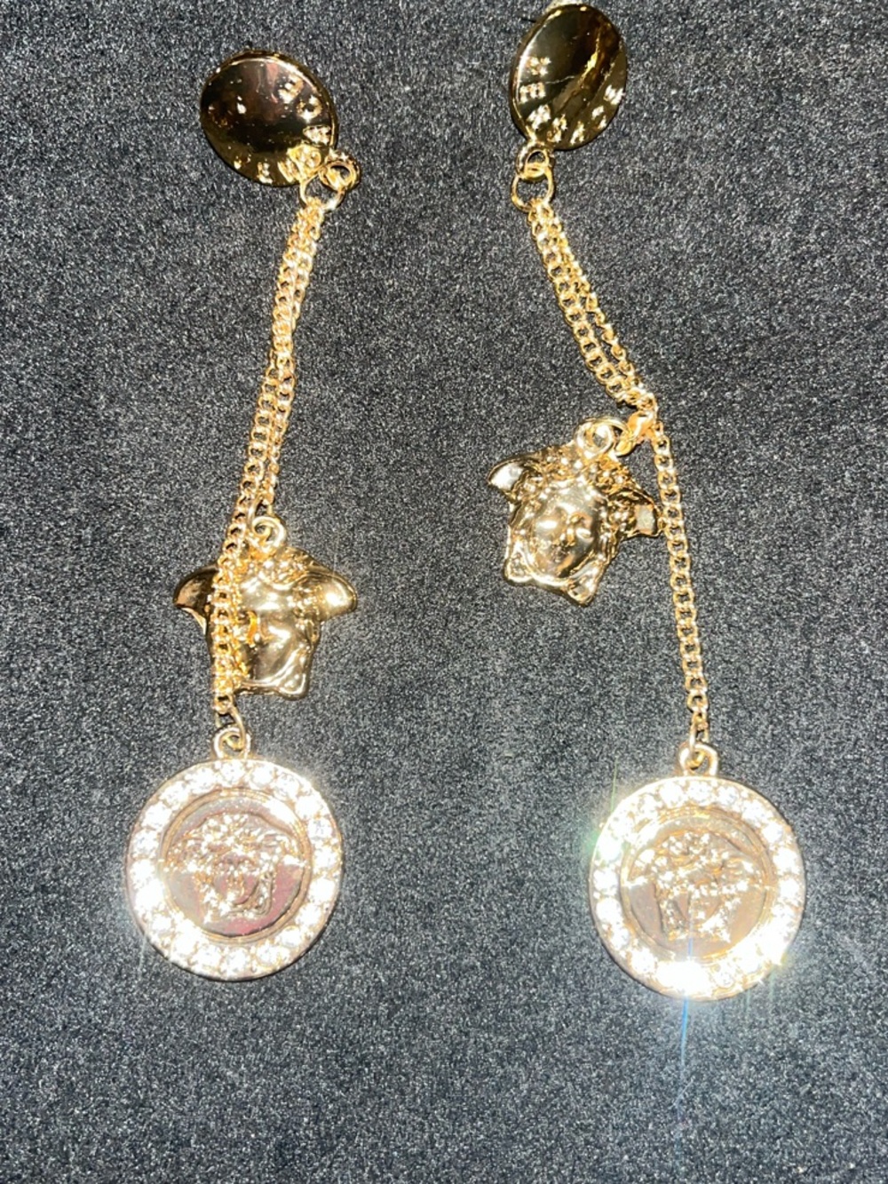 Versace Gold Medusa Chain Drop Earrings with Crystal Coin